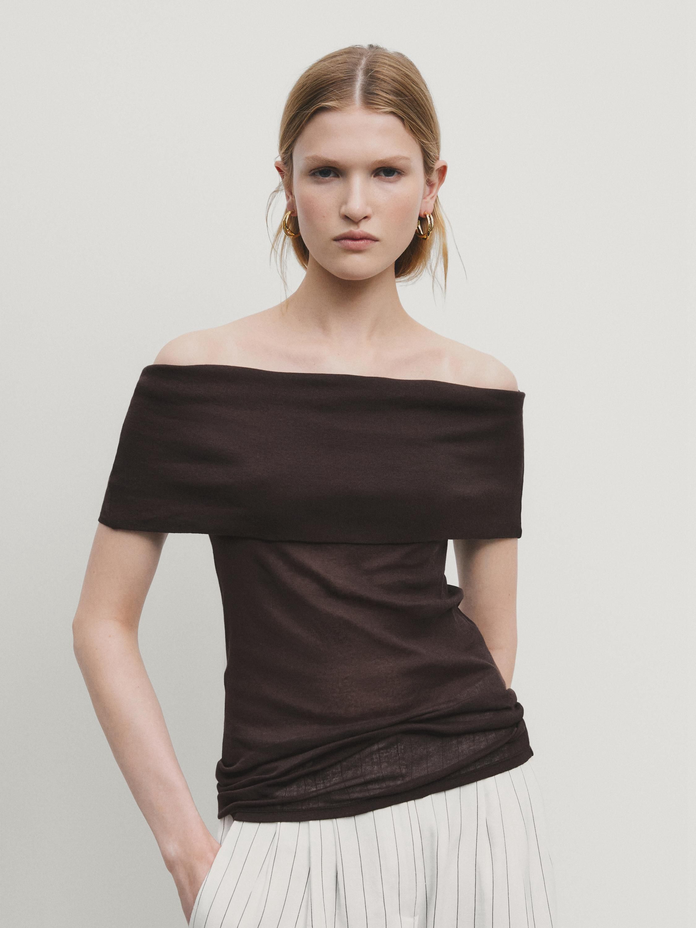 Massimo Dutti Off-the-shoulder Women Top Dark Brown | US-MY0218697