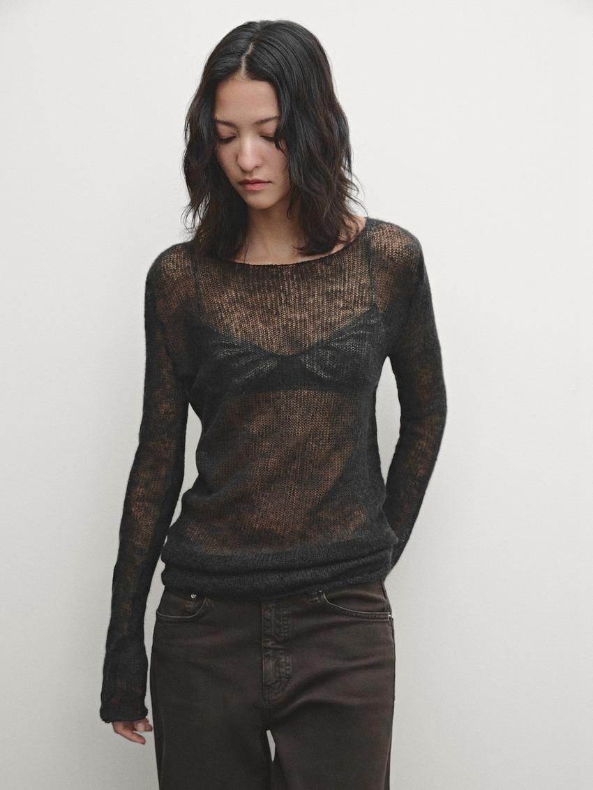 Massimo Dutti Open Knitted Detail Women T-Shirt Dark Green | US-KC8379246