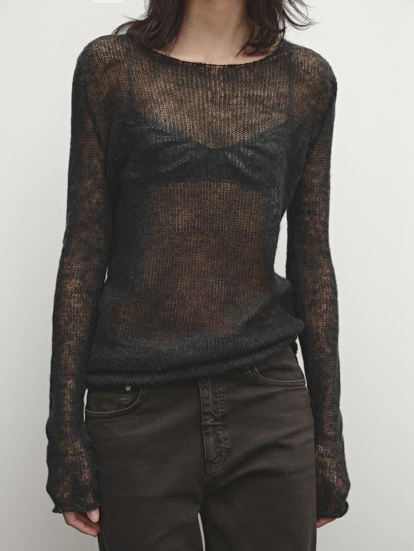 Massimo Dutti Open Knitted Detail Women T-Shirt Dark Green | US-KC8379246