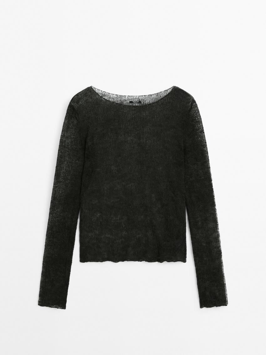 Massimo Dutti Open Knitted Detail Women T-Shirt Dark Green | US-KC8379246