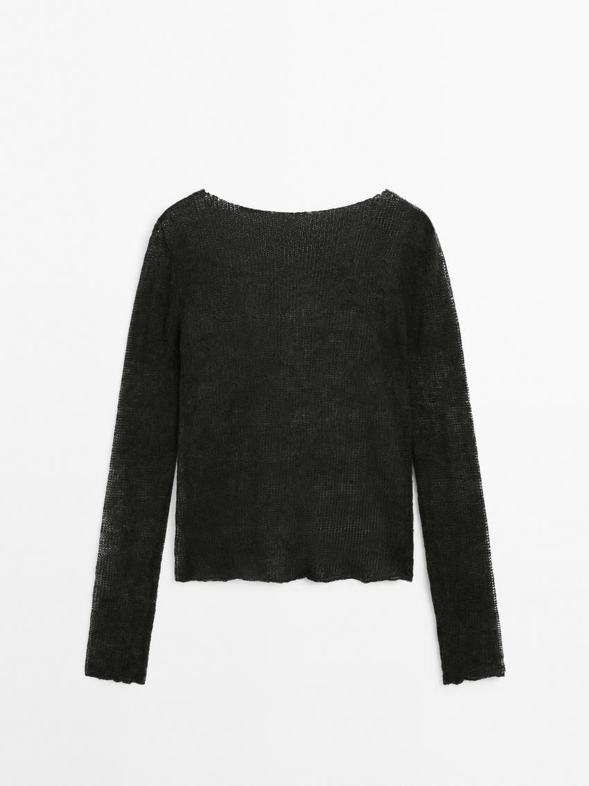 Massimo Dutti Open Knitted Detail Women T-Shirt Dark Green | US-KC8379246