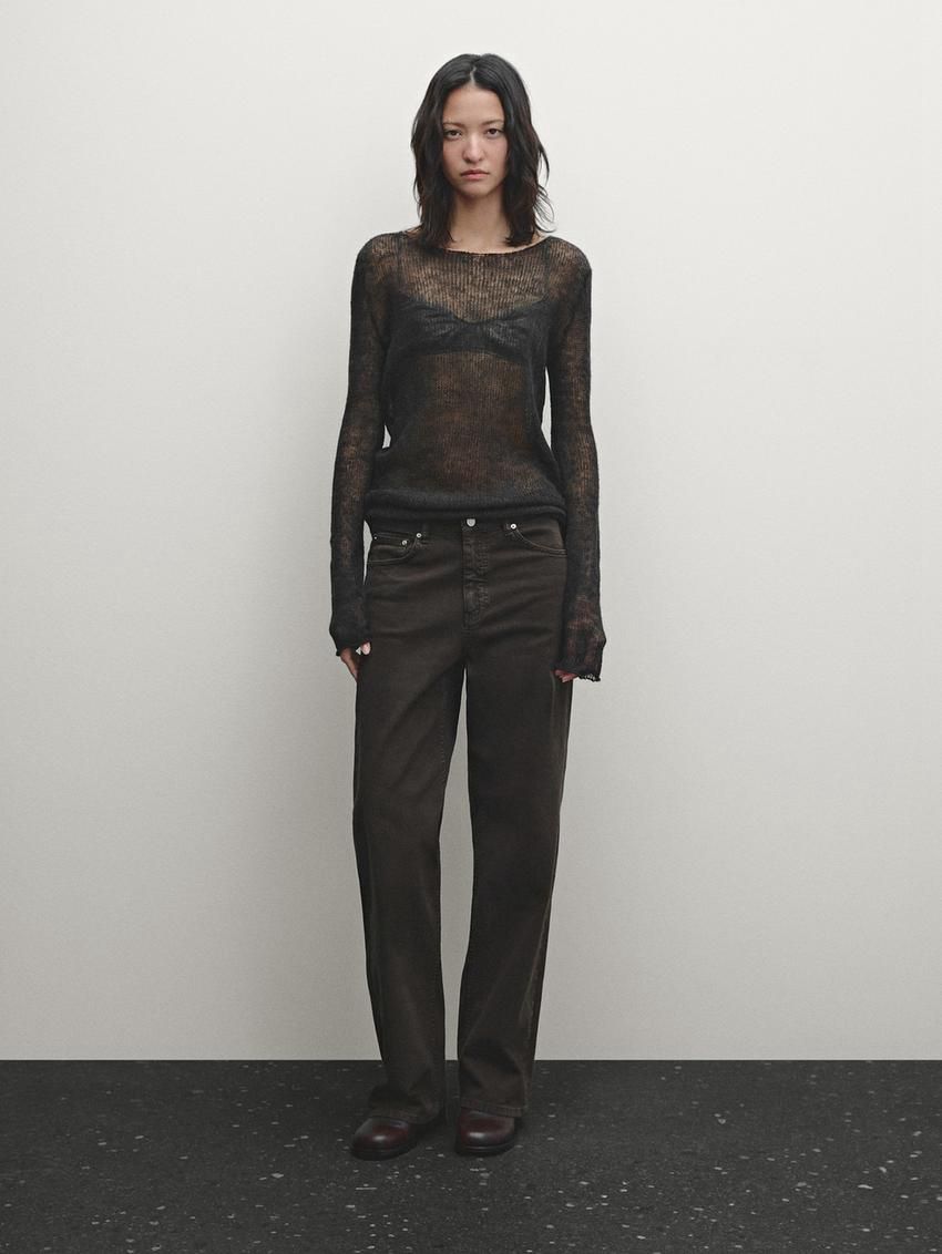 Massimo Dutti Open Knitted Detail Women T-Shirt Dark Green | US-KC8379246