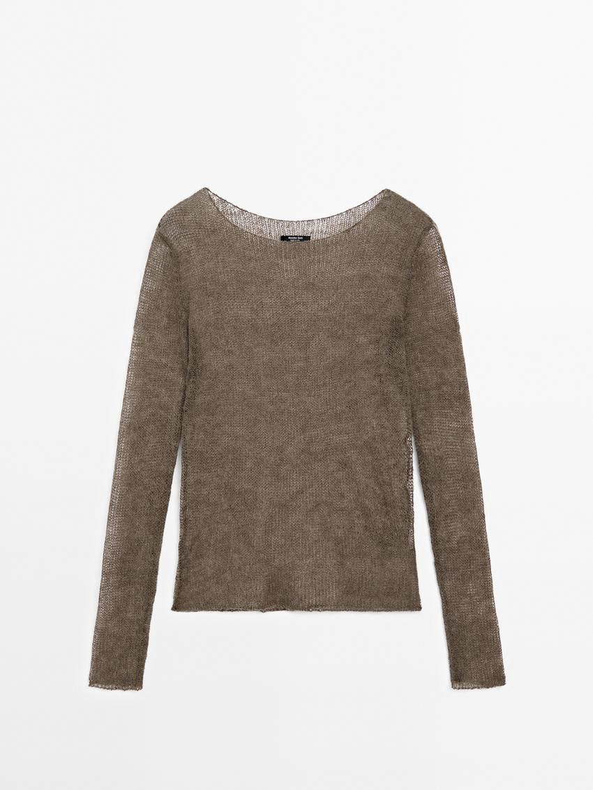 Massimo Dutti Open Knitted Detail Women T-Shirt Dark Brown | US-GT7183254