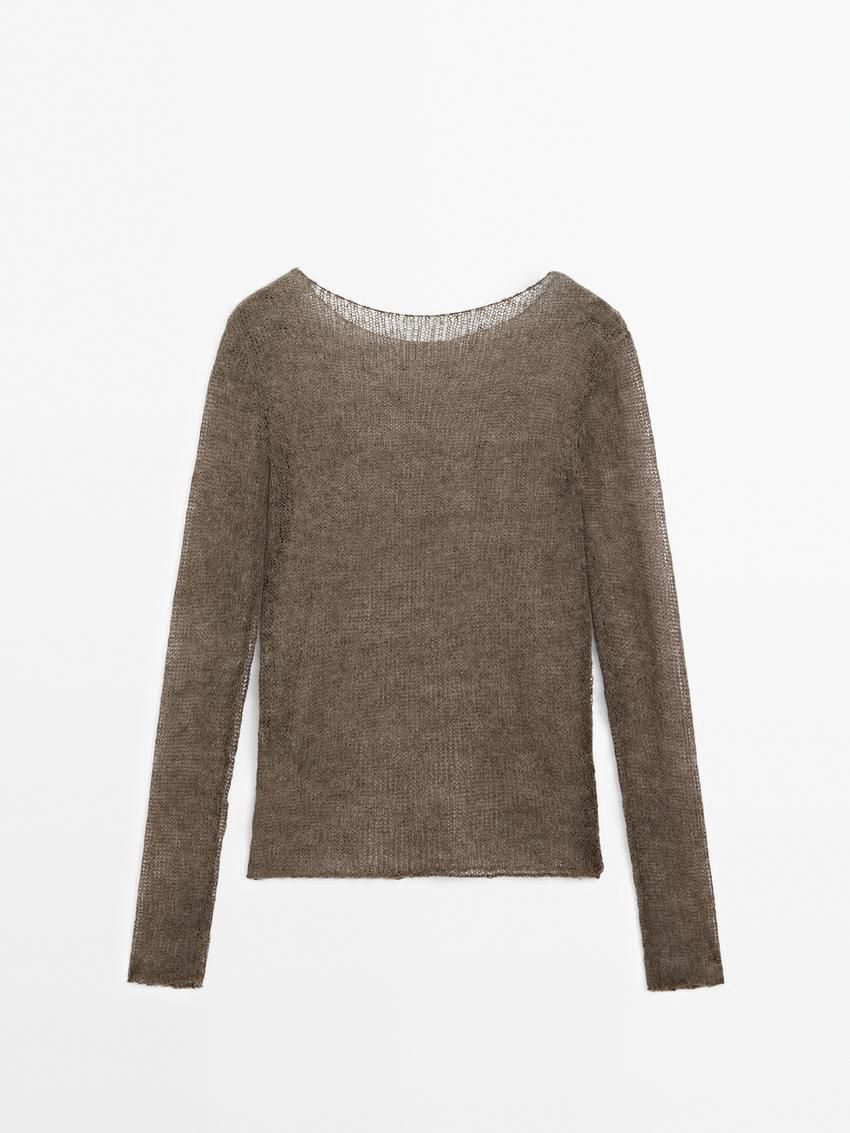 Massimo Dutti Open Knitted Detail Women T-Shirt Dark Brown | US-GT7183254