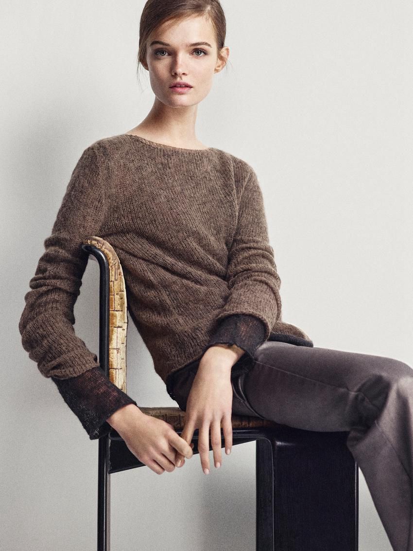 Massimo Dutti Open Knitted Detail Women T-Shirt Dark Brown | US-GT7183254