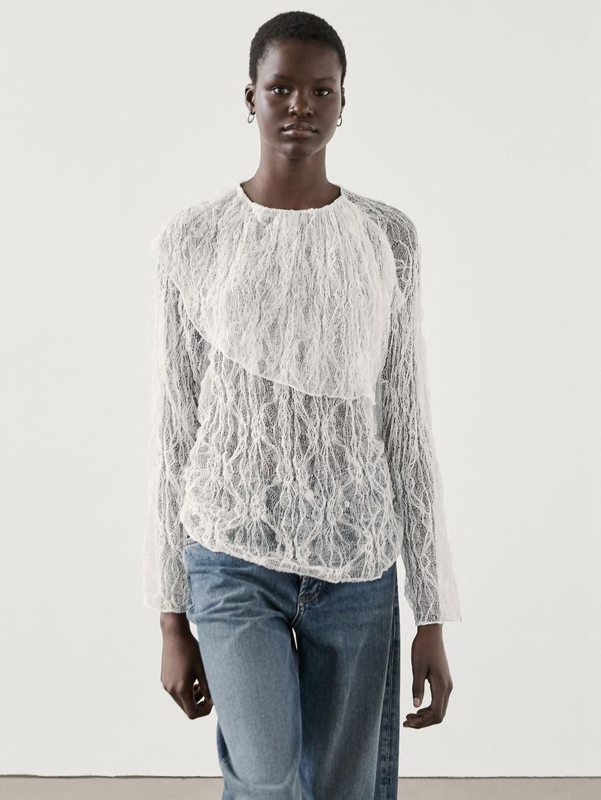 Massimo Dutti Openwork Knitted Lace Women Blouse White | US-UR5961872