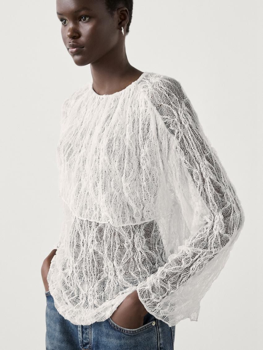 Massimo Dutti Openwork Knitted Lace Women Blouse White | US-UR5961872