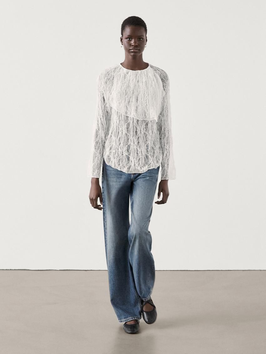 Massimo Dutti Openwork Knitted Lace Women Blouse White | US-UR5961872