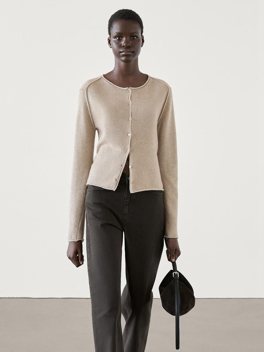 Massimo Dutti Overlocked Knit With Wool Women Cardigan Beige | US-XI7842195