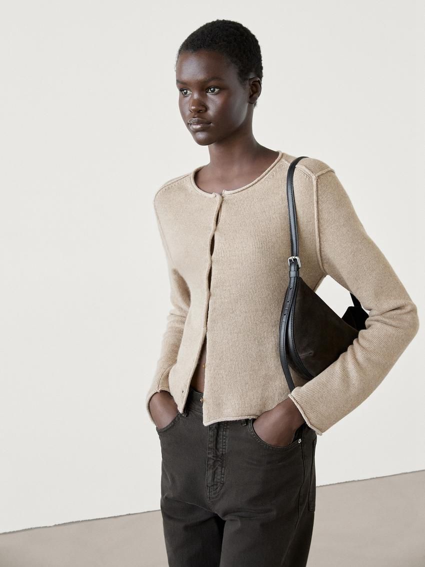 Massimo Dutti Overlocked Knit With Wool Women Cardigan Beige | US-XI7842195