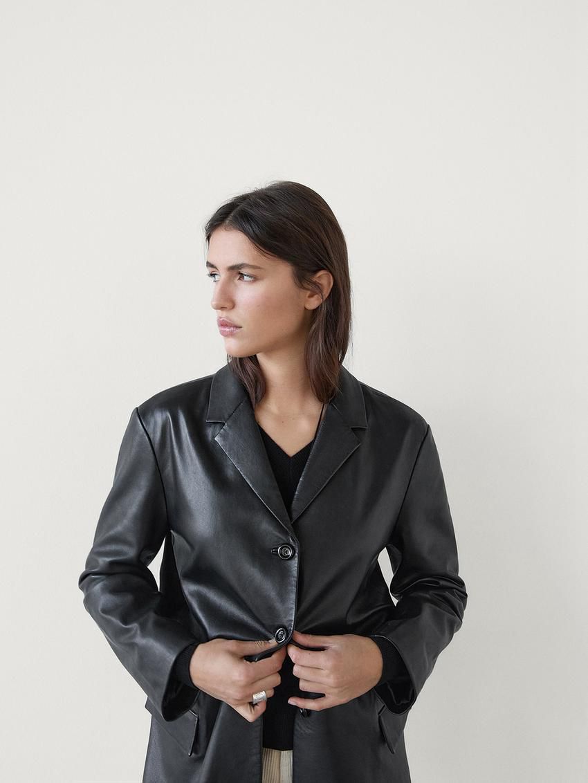 Massimo Dutti Oversize Nappa Leather Women Blazer Black | US-CK9073645