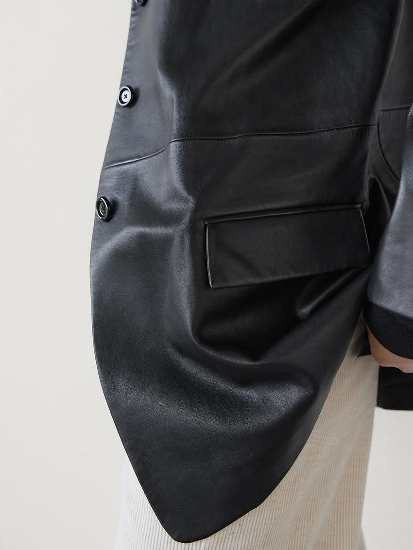 Massimo Dutti Oversize Nappa Leather Women Blazer Black | US-CK9073645