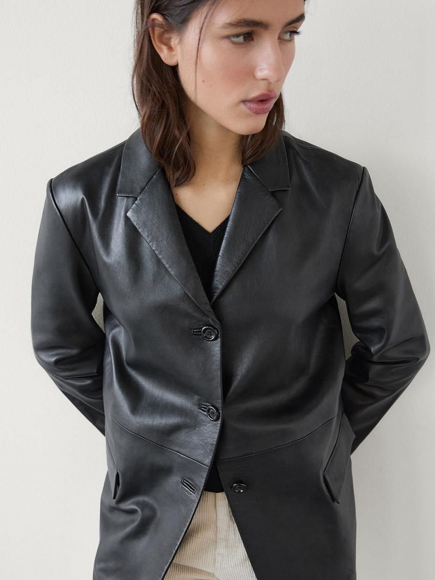Massimo Dutti Oversize Nappa Leather Women Blazer Black | US-CK9073645