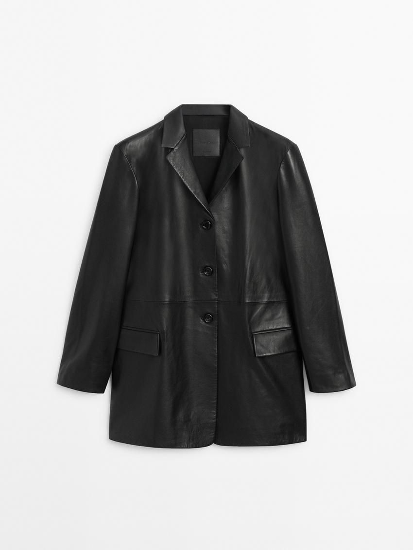 Massimo Dutti Oversize Nappa Leather Women Blazer Black | US-CK9073645