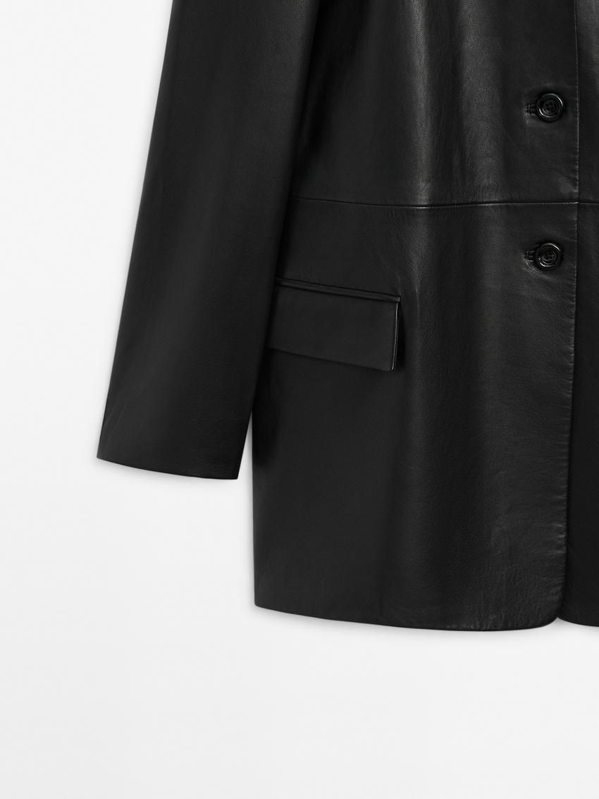 Massimo Dutti Oversize Nappa Leather Women Blazer Black | US-CK9073645