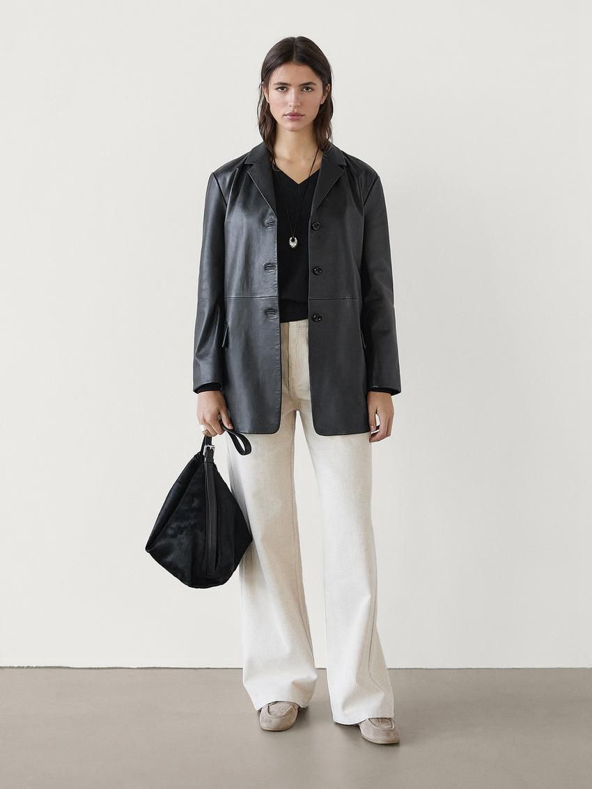 Massimo Dutti Oversize Nappa Leather Women Blazer Black | US-CK9073645