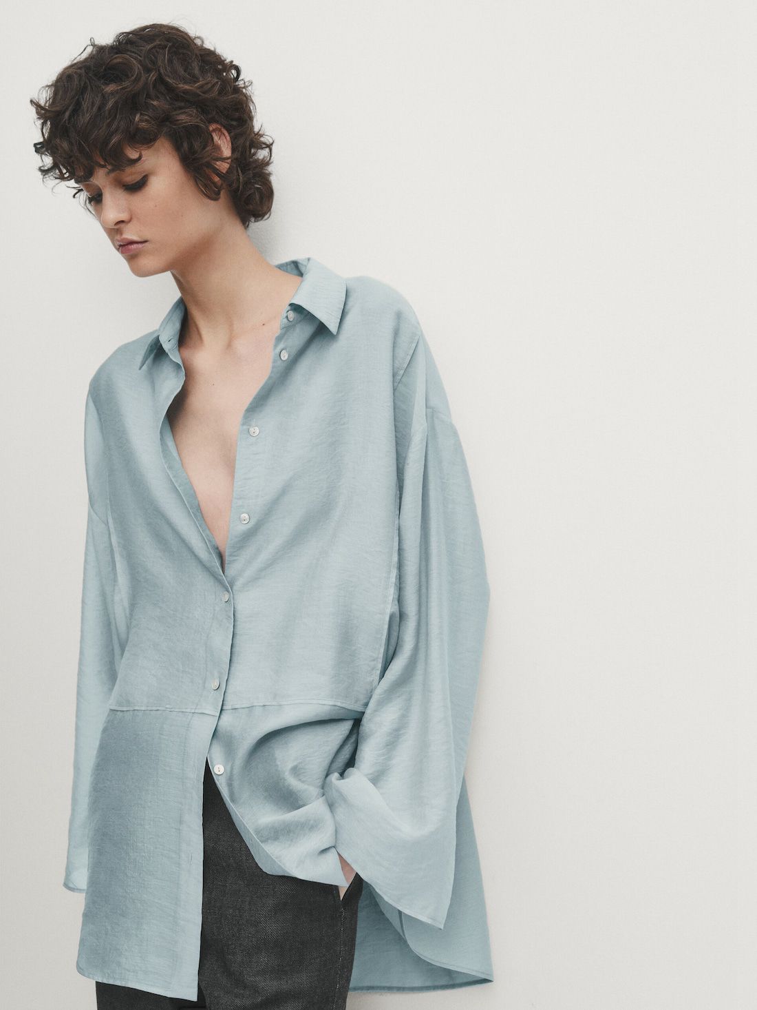Massimo Dutti Oversize With Shirt Collar Women Blouse Blue | US-DQ4837950