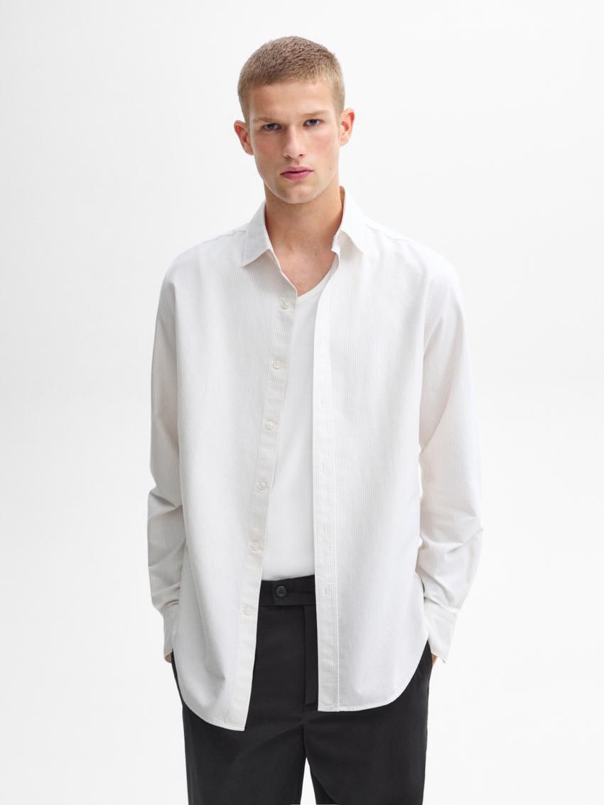 Massimo Dutti Oxford Striped Cotton Men Shirts Beige | US-UI6271089