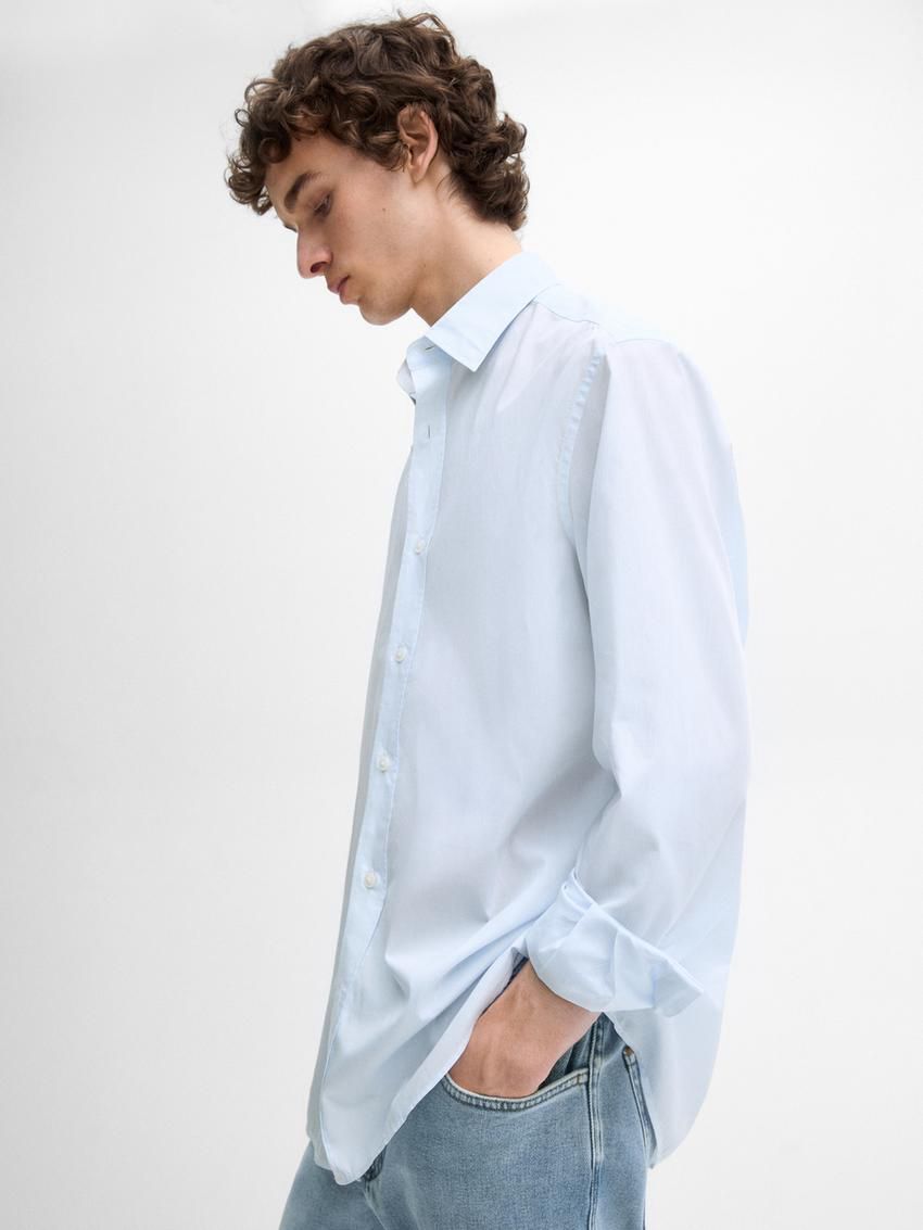 Massimo Dutti Pinstriped Cotton Men Shirts Light Blue | US-VK4580736
