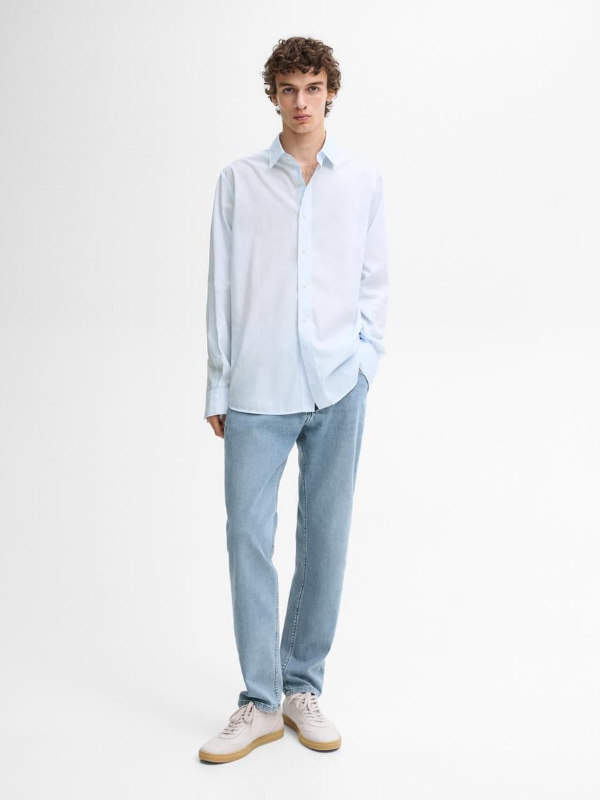 Massimo Dutti Pinstriped Cotton Men Shirts Light Blue | US-VK4580736