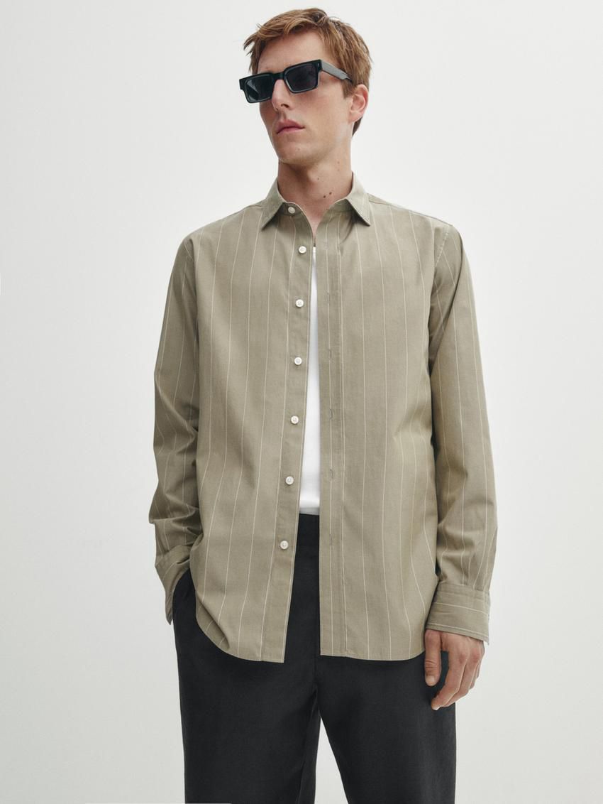 Massimo Dutti Pinstriped Poplin Men Shirts Khaki | US-TN5269713