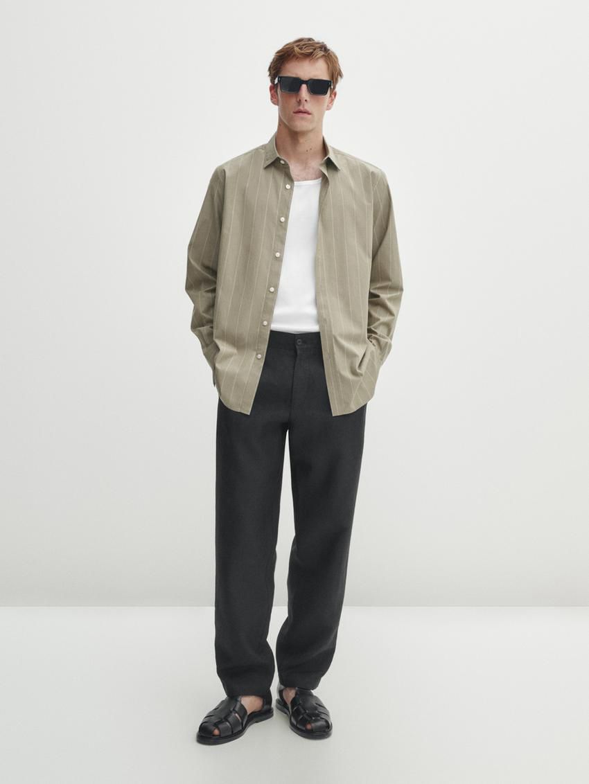 Massimo Dutti Pinstriped Poplin Men Shirts Khaki | US-TN5269713