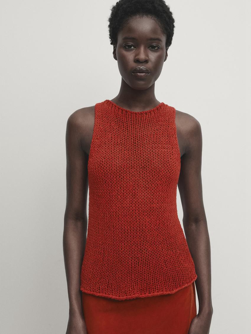Massimo Dutti Plain Knit Crew Neck Women Top Red | US-JE4615973