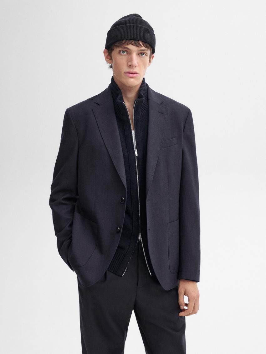 Massimo Dutti Plain Wool Men Blazer Navy | US-CG3728956