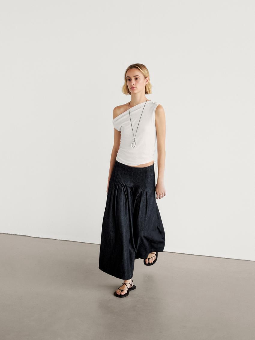 Massimo Dutti Pleated Denim Midi With Yoke Women Skirts Dark Blue | US-PW3824075