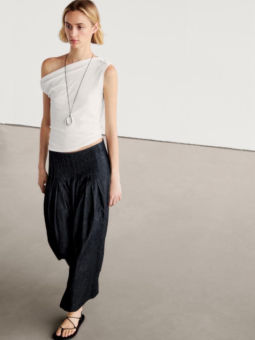 Massimo Dutti Pleated Denim Midi With Yoke Women Skirts Dark Blue | US-PW3824075
