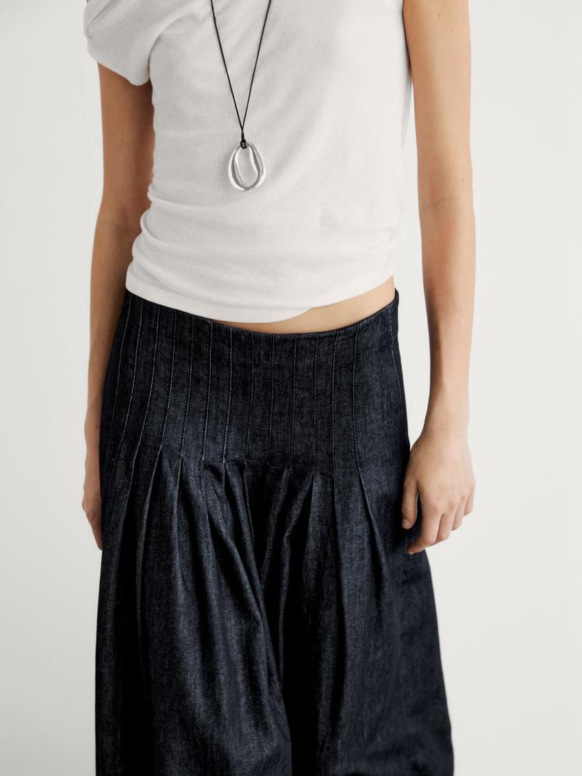 Massimo Dutti Pleated Denim Midi With Yoke Women Skirts Dark Blue | US-PW3824075