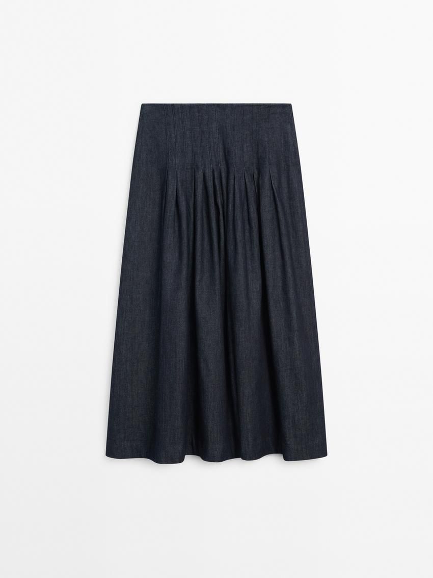 Massimo Dutti Pleated Denim Midi With Yoke Women Skirts Dark Blue | US-PW3824075