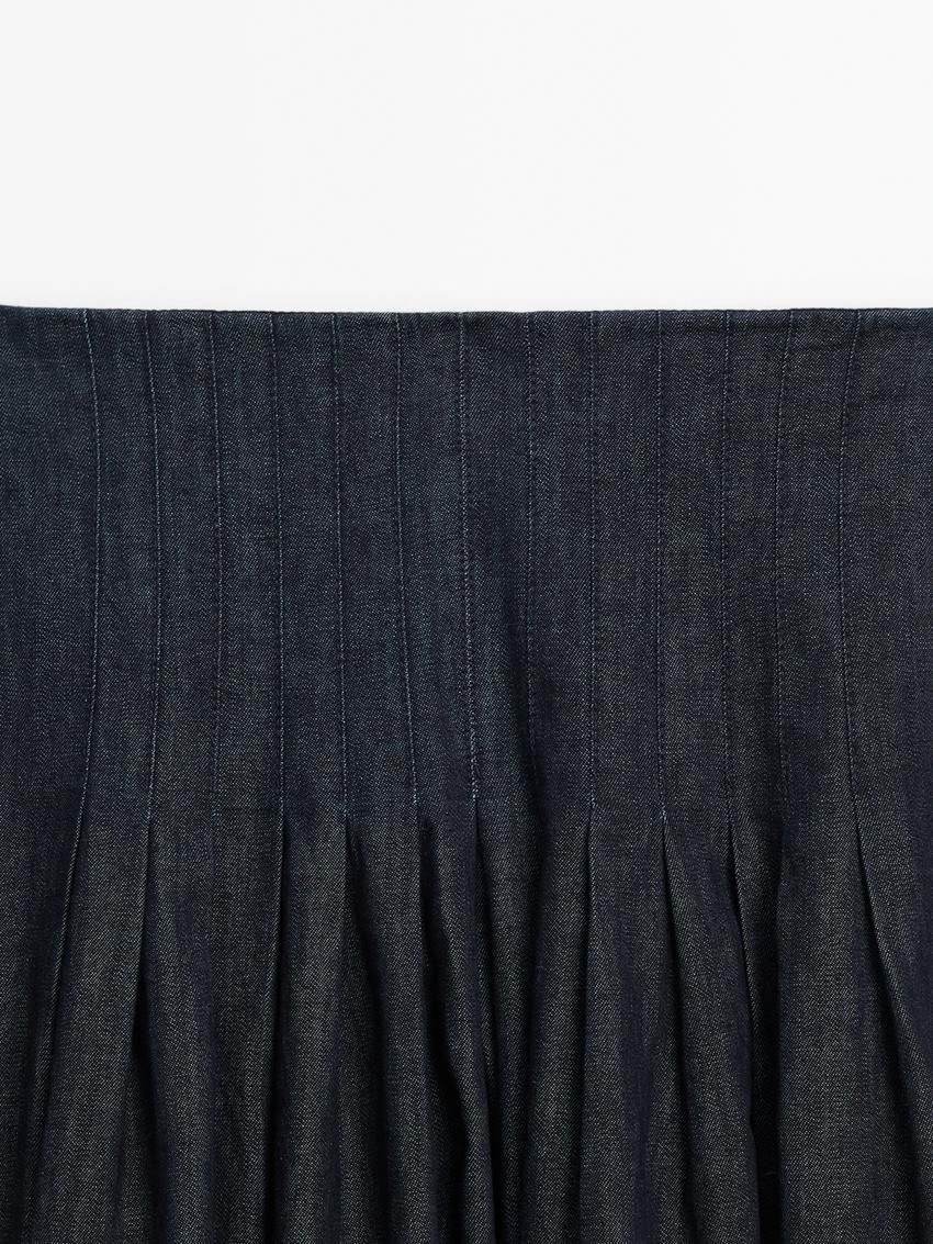 Massimo Dutti Pleated Denim Midi With Yoke Women Skirts Dark Blue | US-PW3824075