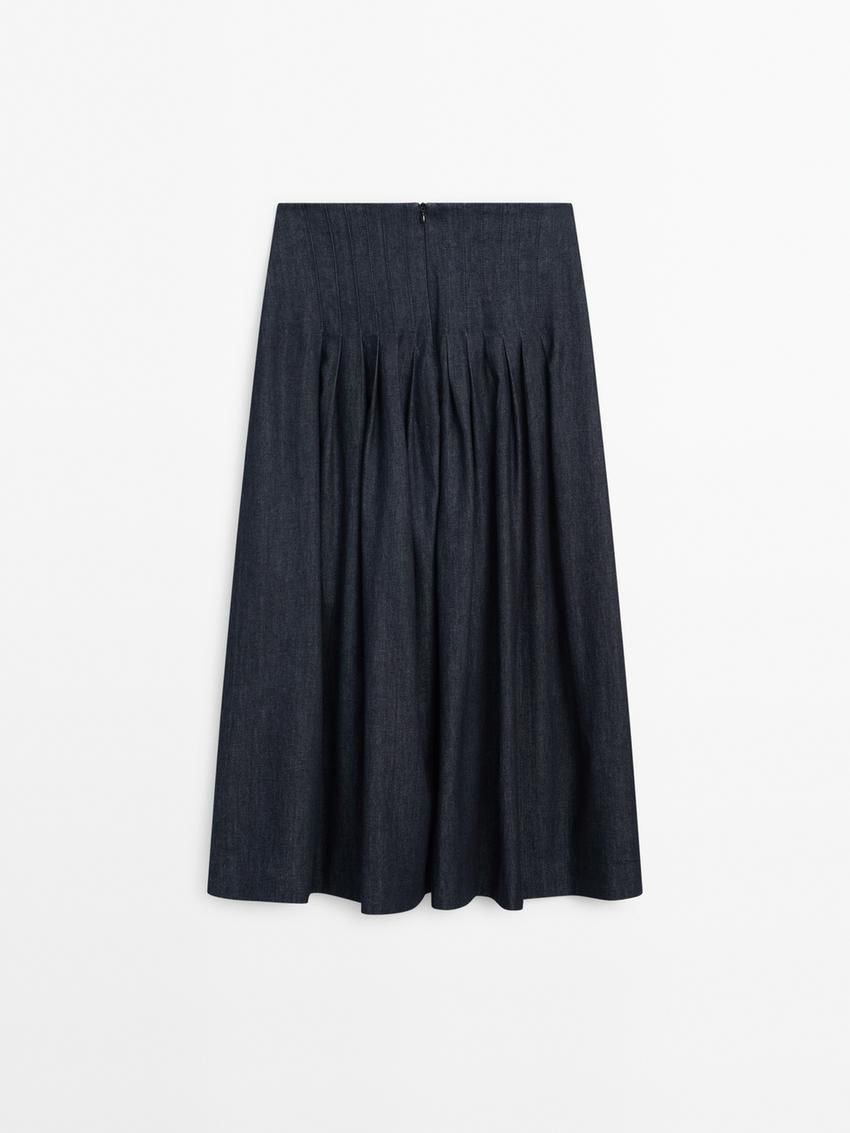 Massimo Dutti Pleated Denim Midi With Yoke Women Skirts Dark Blue | US-PW3824075