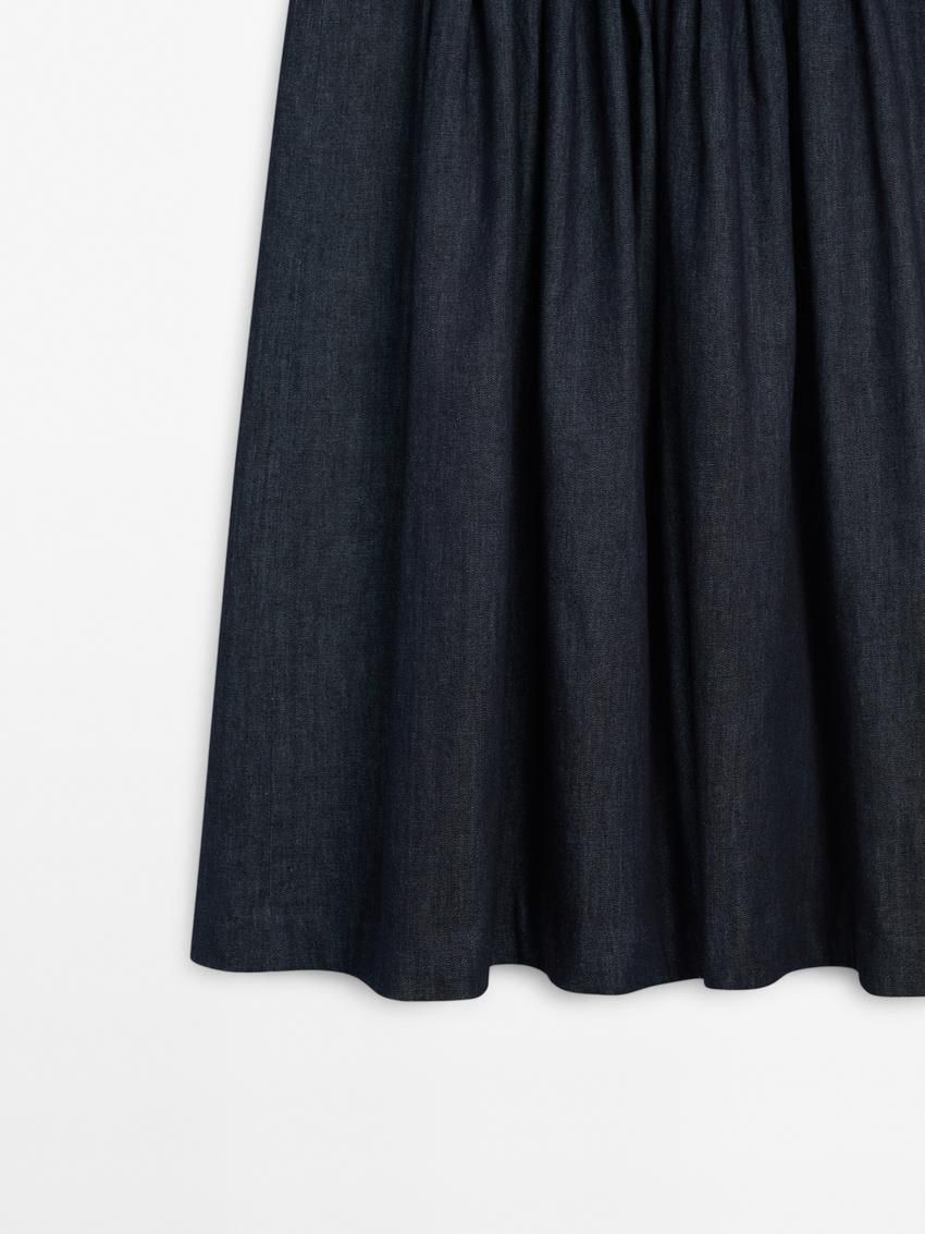 Massimo Dutti Pleated Denim Midi With Yoke Women Skirts Dark Blue | US-PW3824075