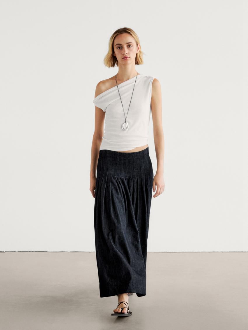 Massimo Dutti Pleated Denim Midi With Yoke Women Skirts Dark Blue | US-PW3824075