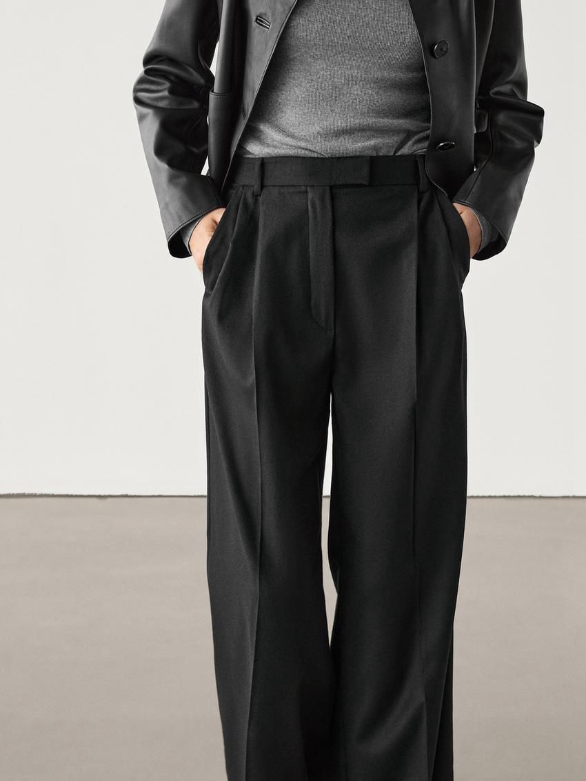 Massimo Dutti Pleated Flannel Women Trousers Black | US-ND7160952