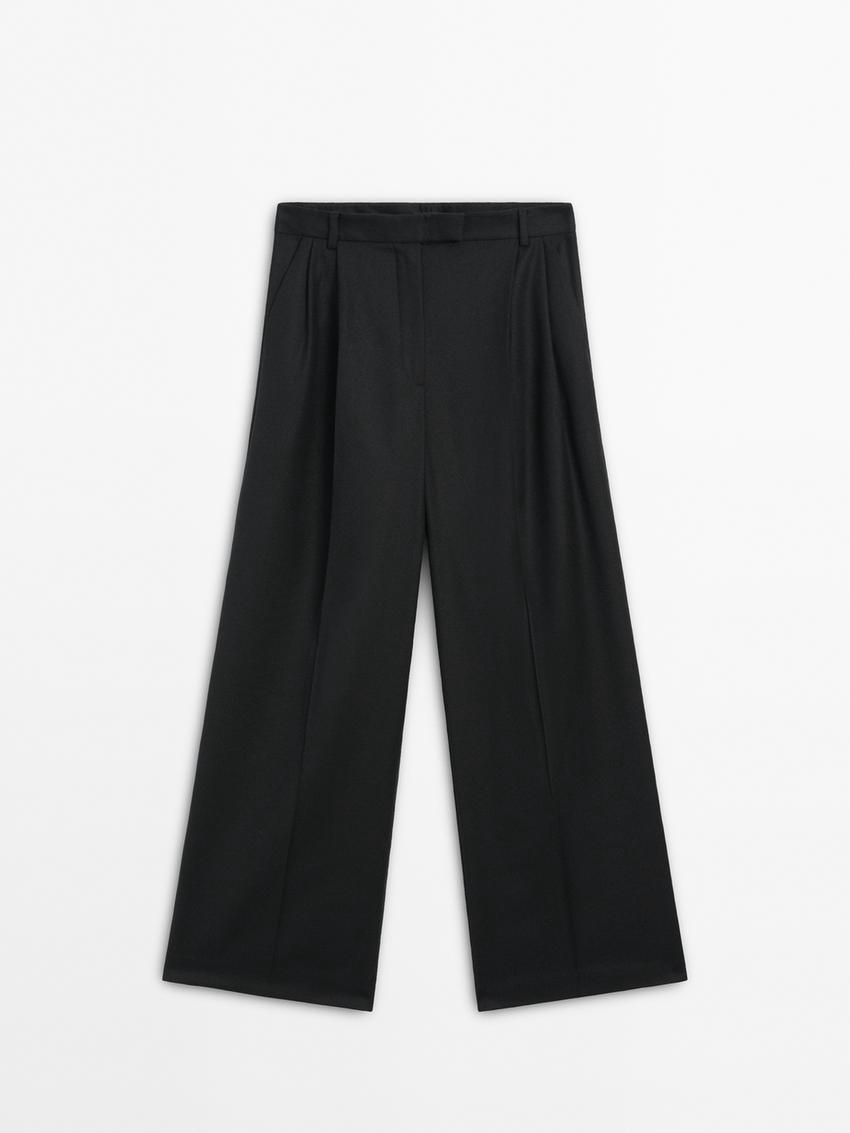 Massimo Dutti Pleated Flannel Women Trousers Black | US-ND7160952