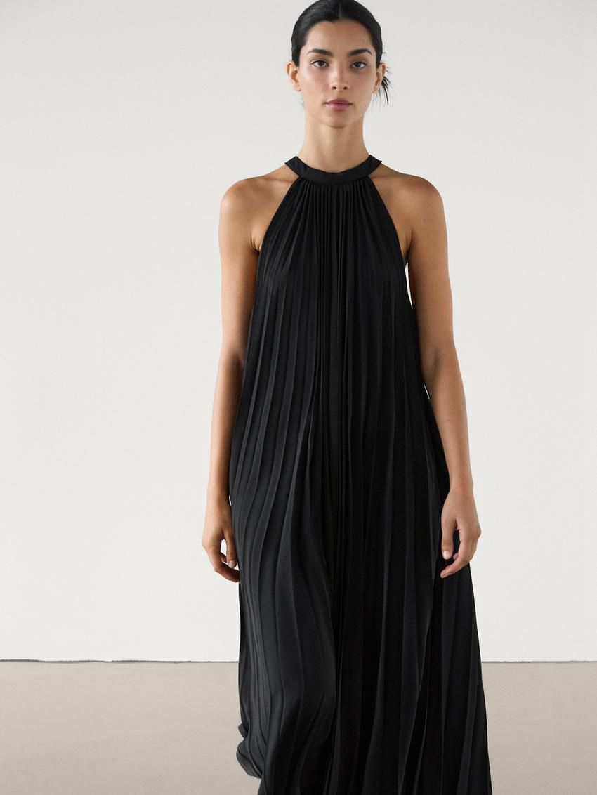 Massimo Dutti Pleated Halter Midi Women Dress Black | US-OT8435067