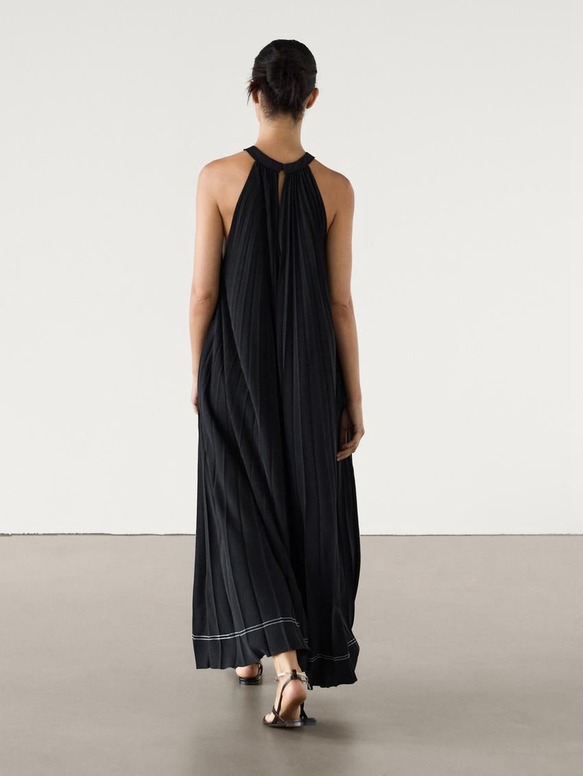 Massimo Dutti Pleated Halter Midi Women Dress Black | US-OT8435067