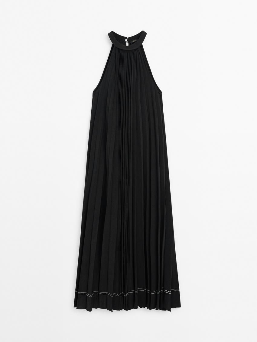 Massimo Dutti Pleated Halter Midi Women Dress Black | US-OT8435067