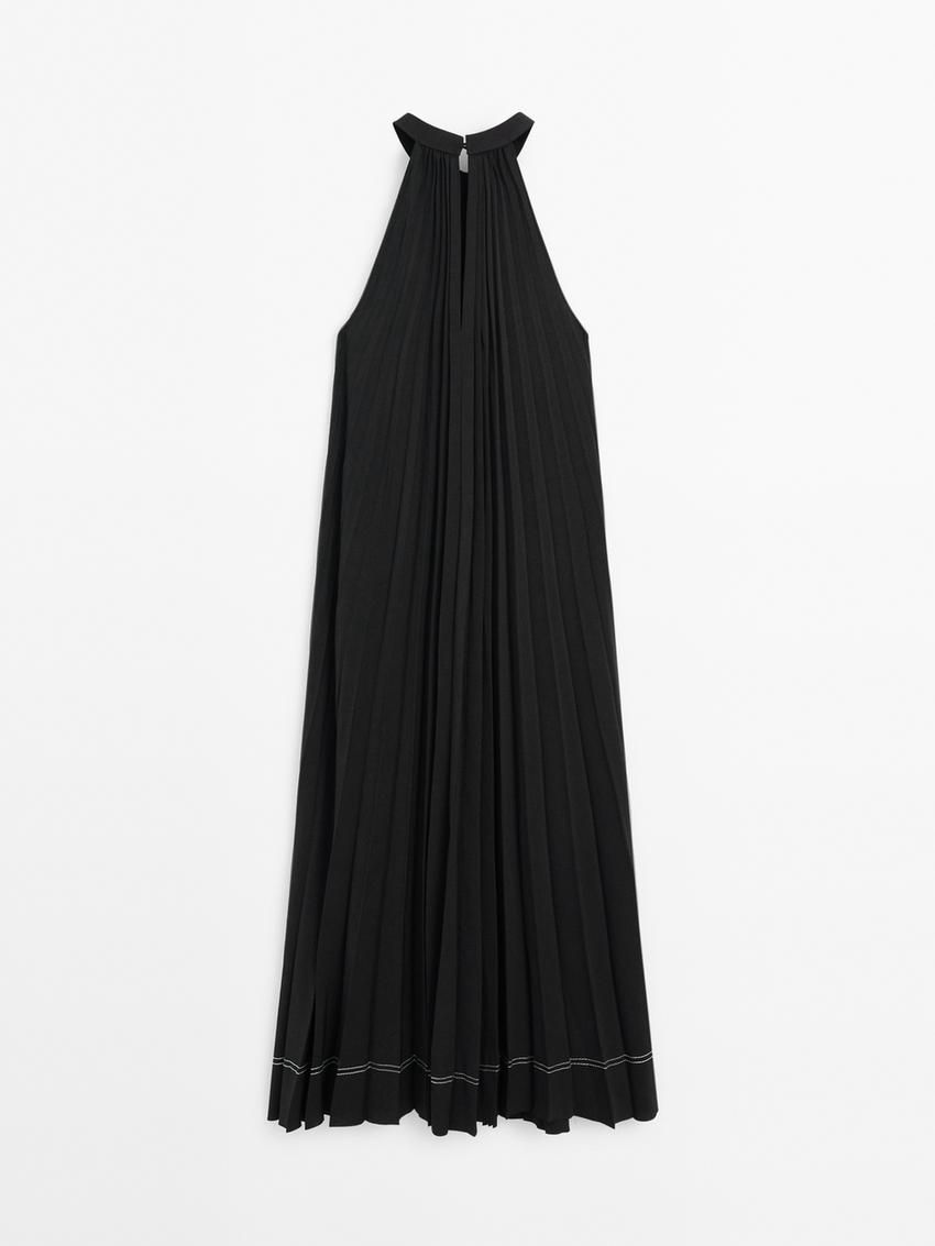 Massimo Dutti Pleated Halter Midi Women Dress Black | US-OT8435067