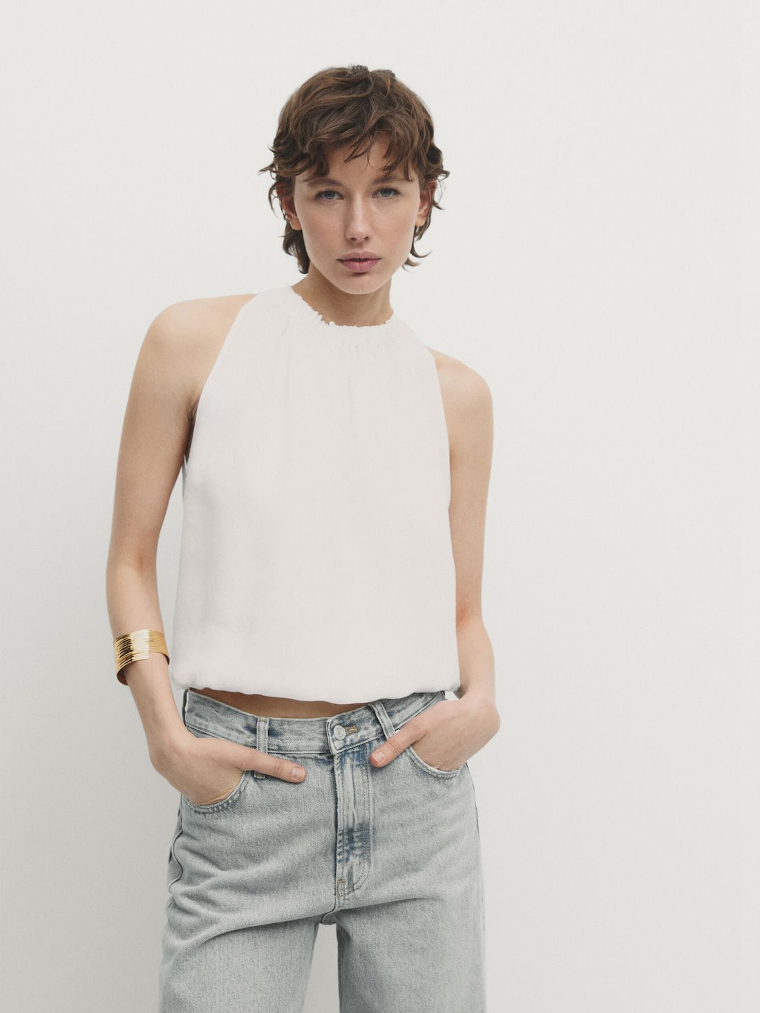 Massimo Dutti Pleated Halter With Elasticated Hem Women Top Cream | US-ST5864201