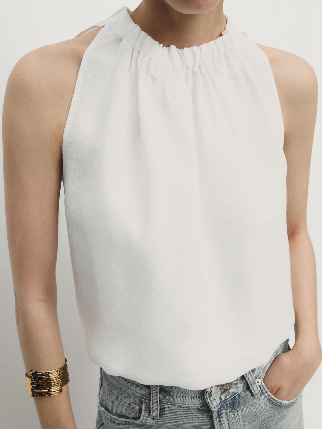Massimo Dutti Pleated Halter With Elasticated Hem Women Top Cream | US-ST5864201