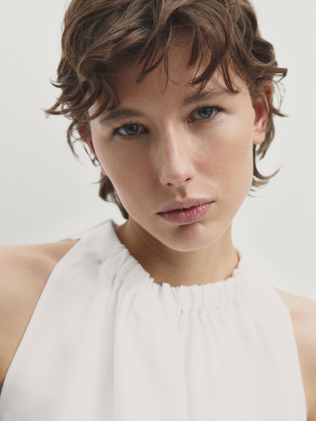 Massimo Dutti Pleated Halter With Elasticated Hem Women Top Cream | US-ST5864201