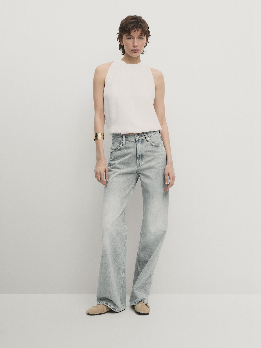Massimo Dutti Pleated Halter With Elasticated Hem Women Top Cream | US-ST5864201