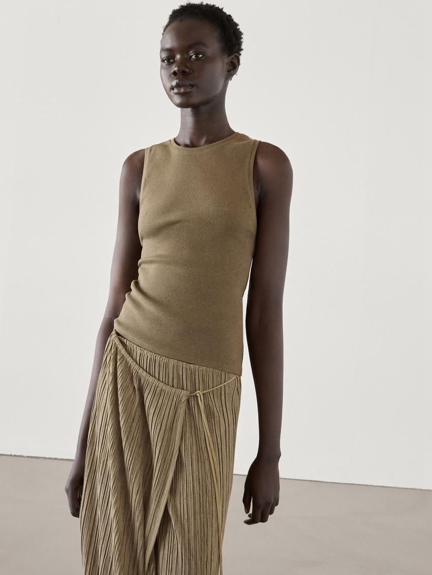 Massimo Dutti Pleated Midi Pareo Women Skirts Khaki | US-GM2739864