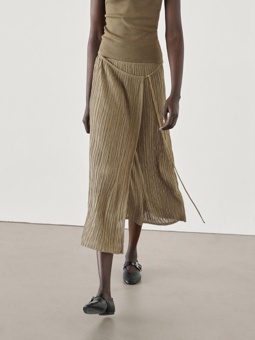 Massimo Dutti Pleated Midi Pareo Women Skirts Khaki | US-GM2739864