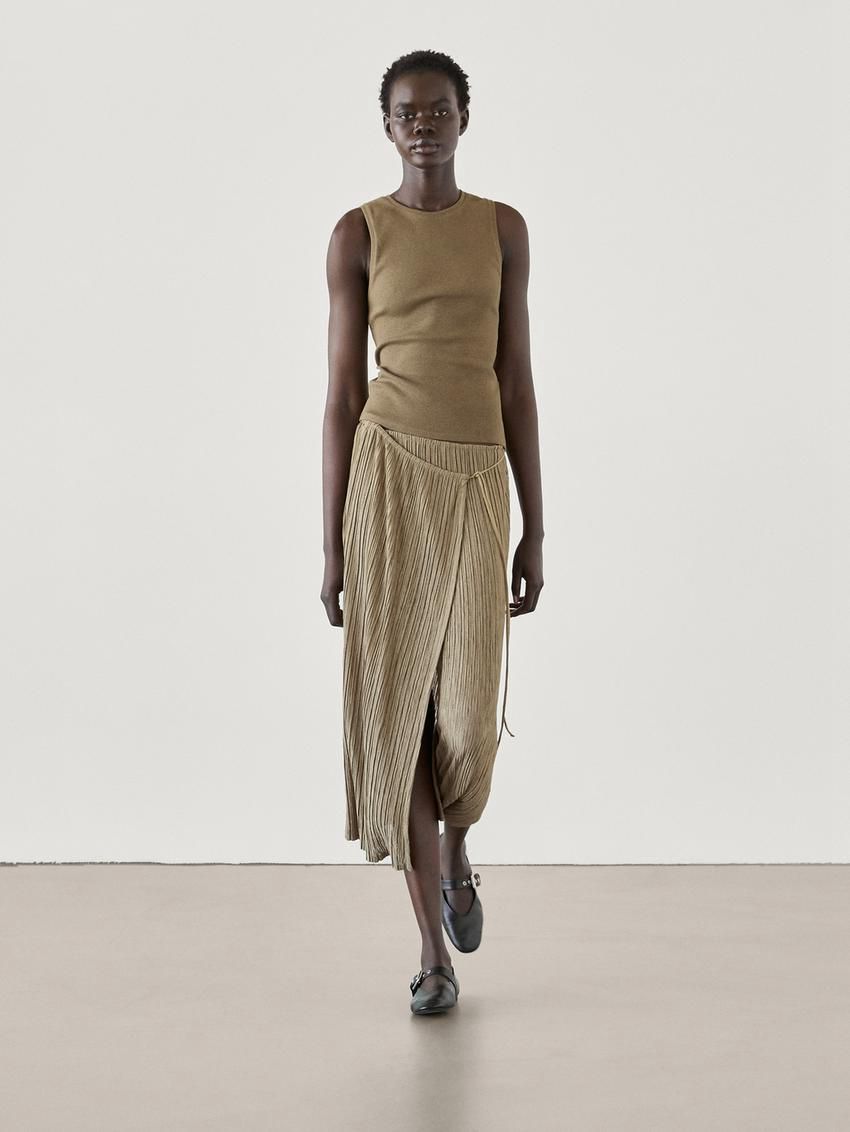 Massimo Dutti Pleated Midi Pareo Women Skirts Khaki | US-GM2739864
