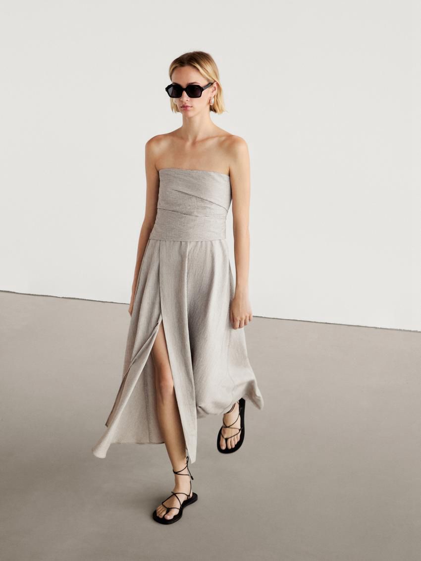 Massimo Dutti Pleated Midi Women Dress Cream | US-GW7426309